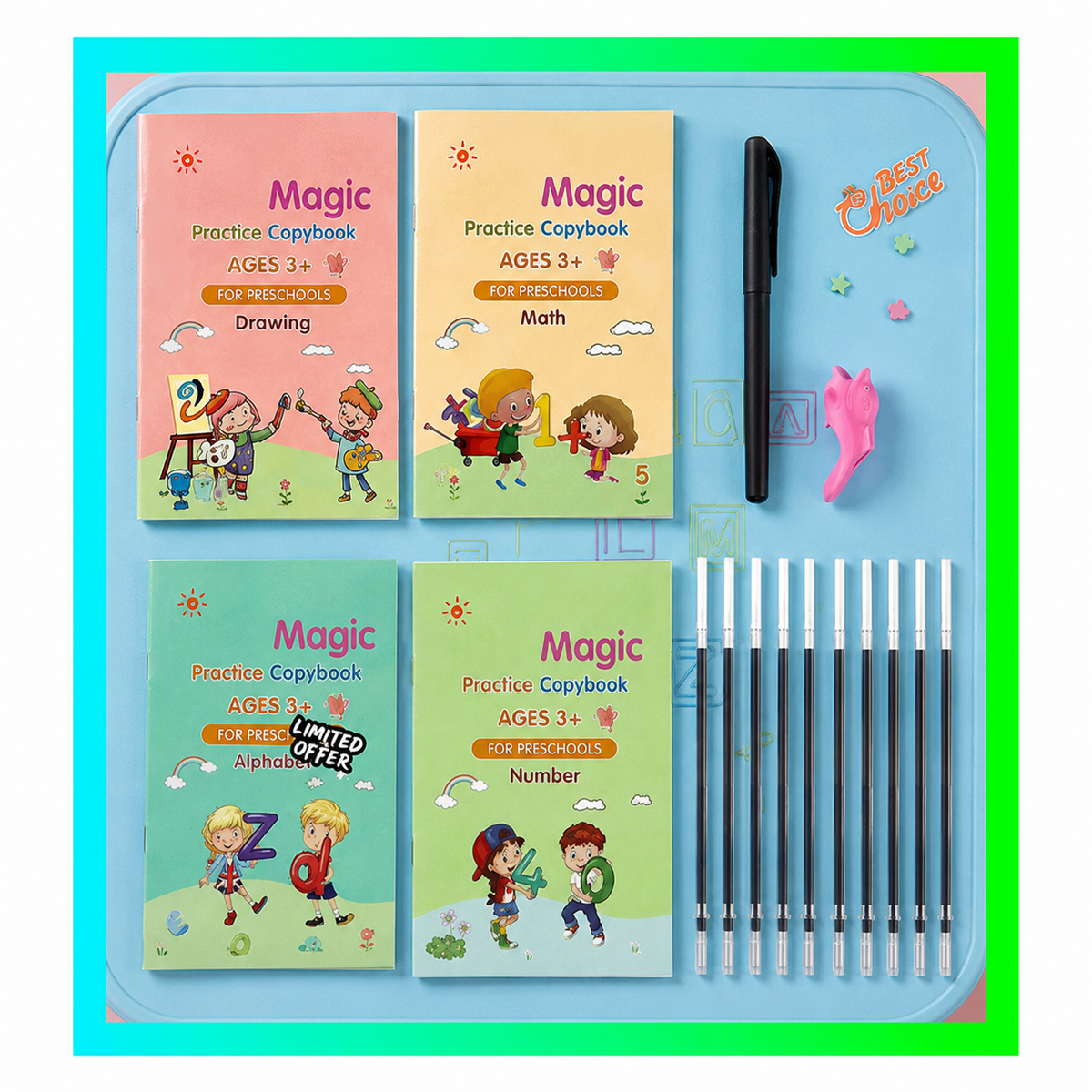 Magic Practice Copybook | 4 Books + 10 Refills + 1 Pen + 1 Grip